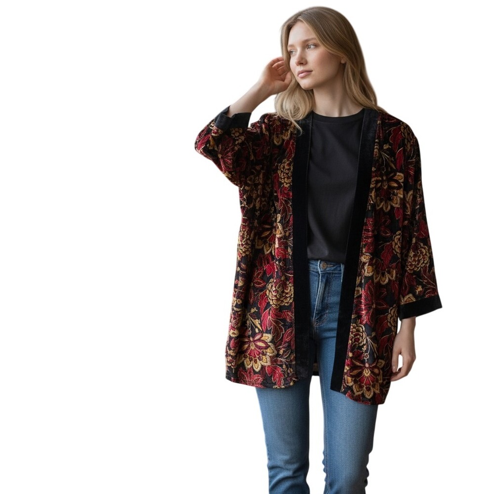 Ruby Rd Petite Red Allure Burnout Velvet Floral Kimono Jacket PM 12333 SB